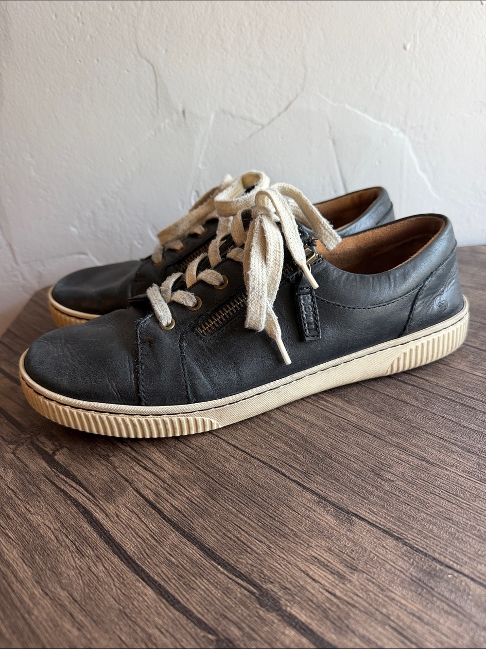 Born Women's Black Leather Sneakers with Cream Soles and Laces
